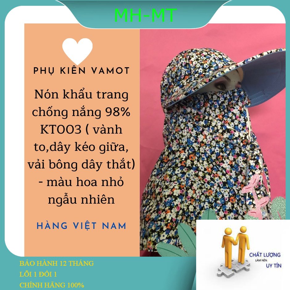 Nón khẩu trang chống nắng 98 phần trăm KT003 ( vành to,dây kéo giữa, vải bông dây thắt)