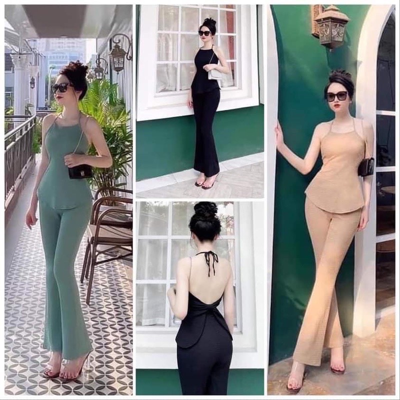 Sét bộ nữ áo dây yếm thắt nơ cổ + quần dài (có mút ngực)