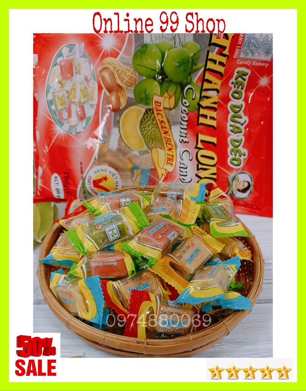 Túi 500gr kẹo dừa dẻo thập cẩm thanh long- online 99 shop