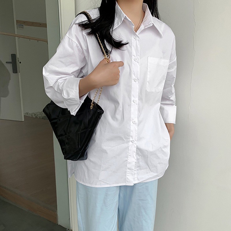 ÁO SƠ MI TRẮNG TRƠN BASIC UNISEX - ÁO SƠ MI TÚI NGỰC FORM RỘNG