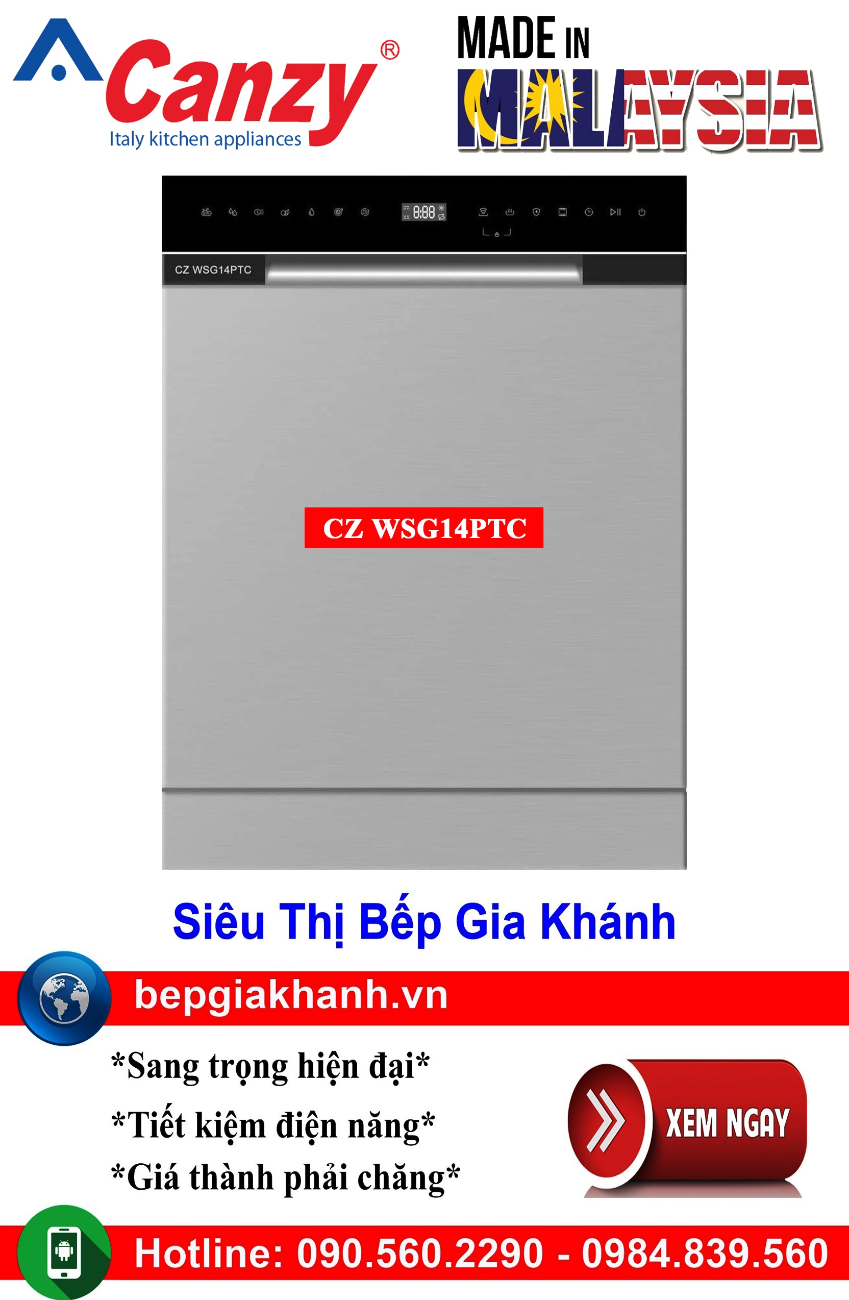 [HCM]Máy rửa bát lắp độc lập 14 bộ Canzy CZ WSG14PTC nhập khẩu Malaysia, máy rửa chén, máy rửa chén bát, máy rửa bát, máy rửa bát giá rẻ, may rua bat, may rua chen, may rua bat gia re