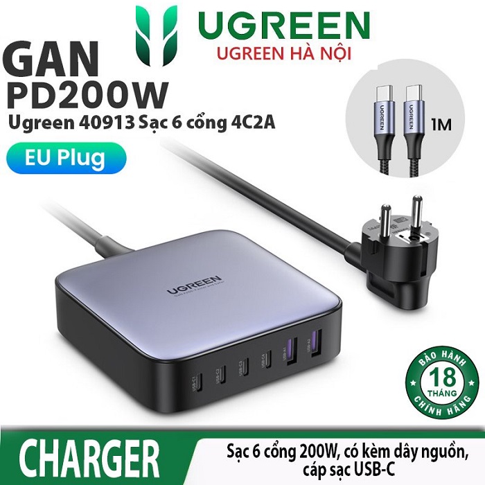Củ sạc nhanh 200w cao cấp ugreen 40913 40914 cd271 usb c x 4 và 2 usb - a chính hãng+dây usb c 1m gan ii