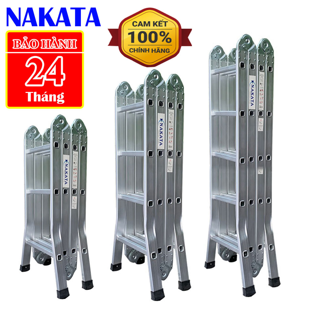 Thang nhôm gấp 4 đoạn chữ A 1,8m - 2,3m -  2,9m - 3,5m duỗi thẳng 3,6m - 4,7m - 5,8m - 6,7m NAKATA VN403, VN404, VN405, VN406