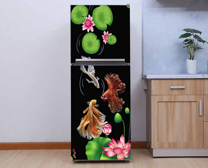 Decal cao cấp chống thấm dán tủ lạnh - koi hoa sen