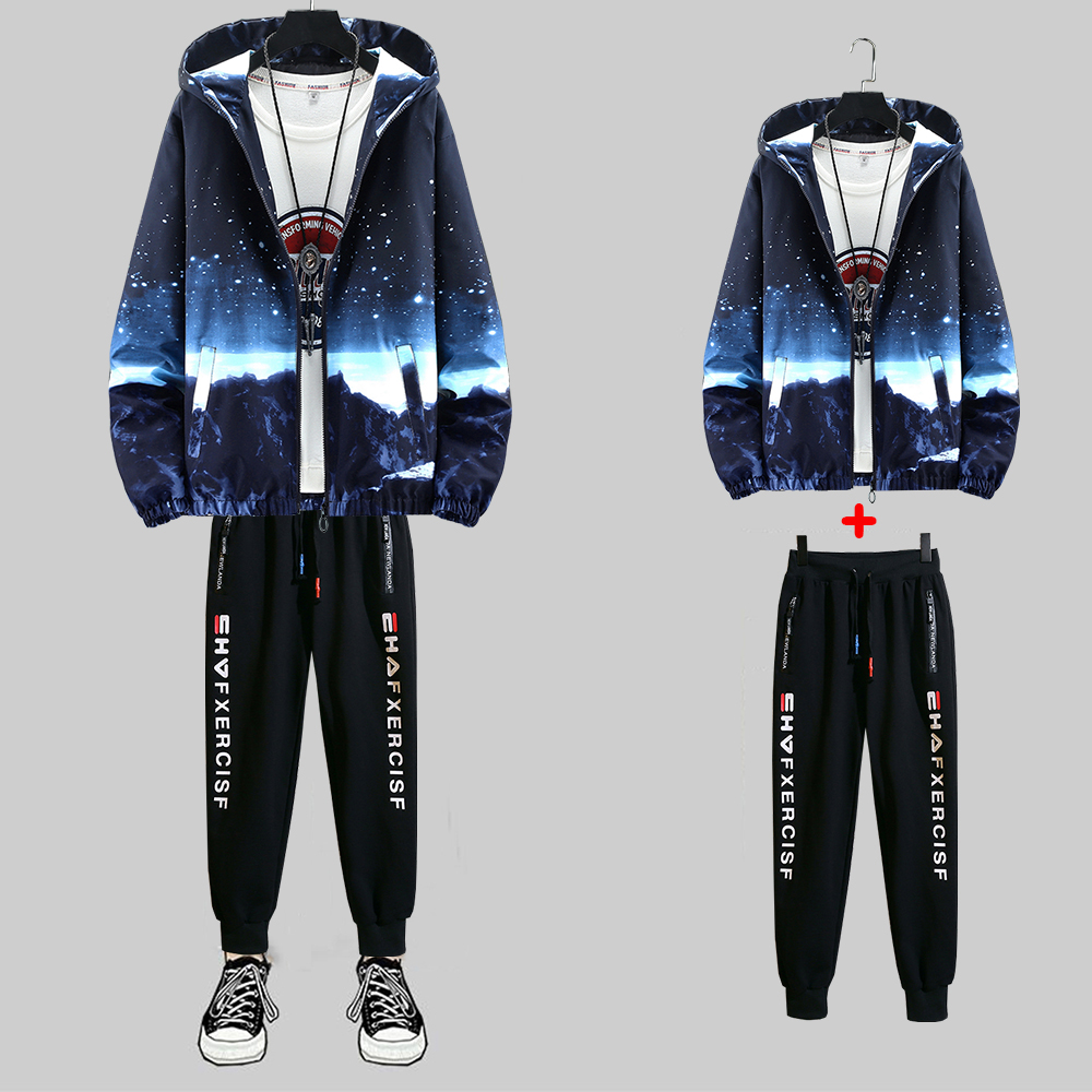 Bộ Quần Áo Thu Đông Nam Áo Khoác Nhẹ In Hình Phong Cảnh Trời Đêm Độc Đáo Có Mũ Trùm Đầu Kết Hợp Quần Jogger Bo Gấu Phối Chữ Thời Trang 4MENHN SET NAM 90000131