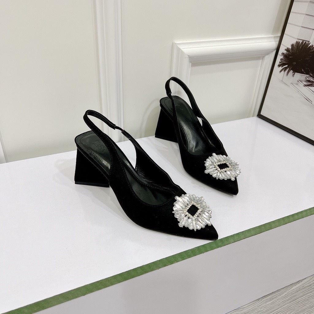 Giày sandal cao gót mũi nhọn gót tam giác da lộn tag bầu đá trắng gót 5cm-mã 938