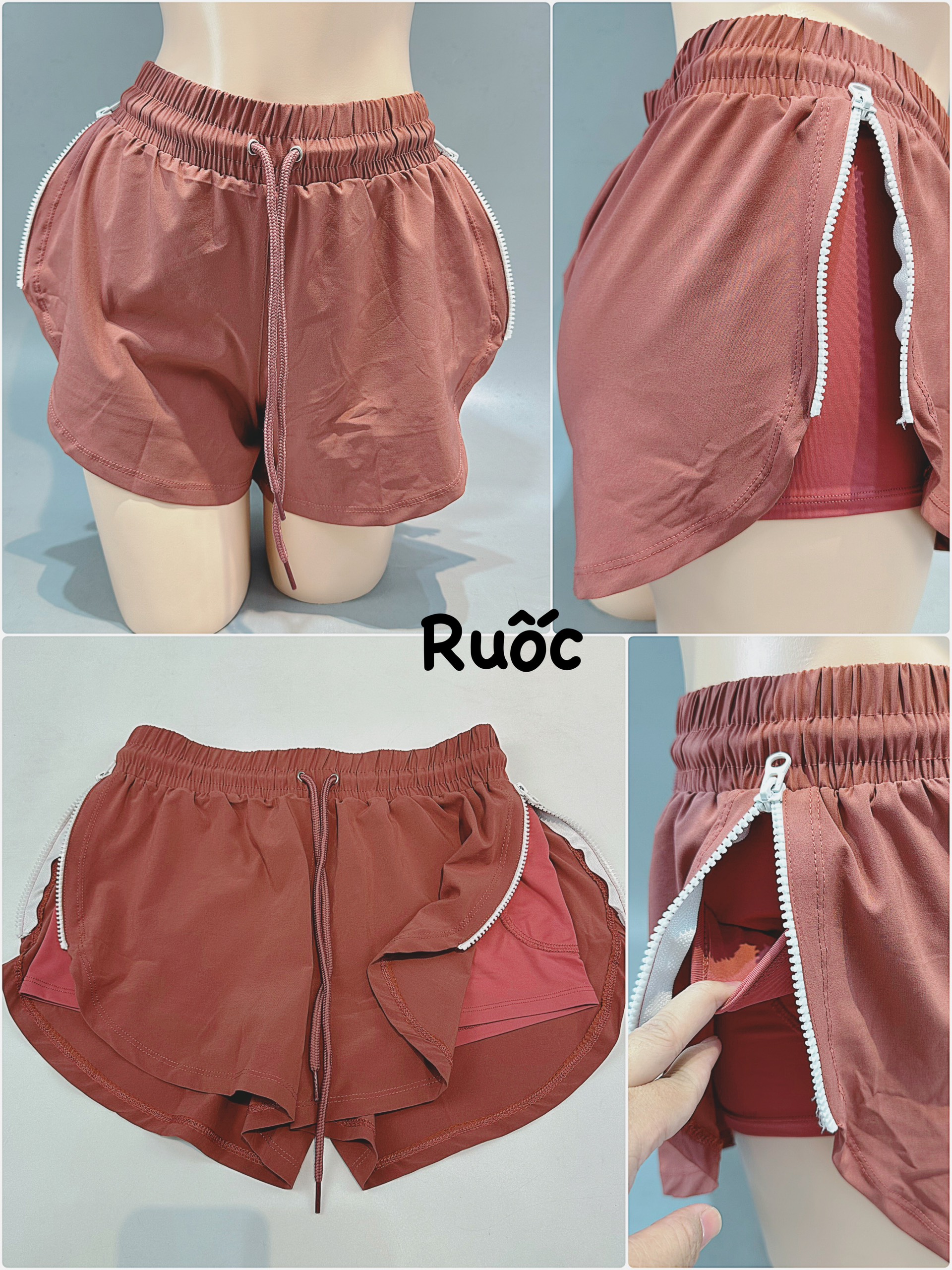 Quần short boxer 2 lớp thể thao nữ dây kéo 2 bên