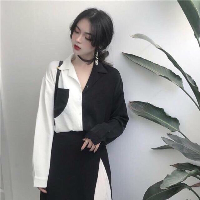 áo sơ mi nữ phối viền 2 màu đen trắng siêu hot hit