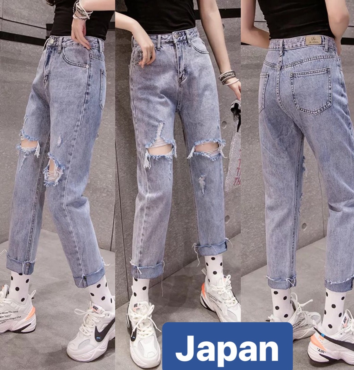 QUẦN BAGGY JEAN NỮ CHẤT BÒ XANH RÁCH GỐI TAKAMI NHẬT BẢN LƯNG CAO NÂNG MÔNG JP-3021 JAPAN FASHION