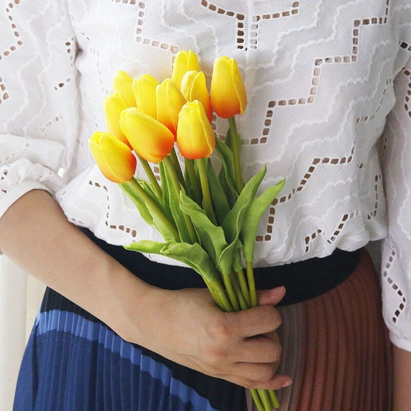 Bó 10 cành hoa tulip giống thật ( 10 cành hoa tuylip giả -lá xoăn -looại 1)
