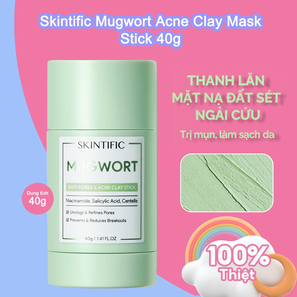 CHÍNH HÃNG✨ Skintific Mugwort Acne Clay Mask stick 40g Thanh lăn mặt nạ đất sét ngải cứu cải thiện vấn đề mụn