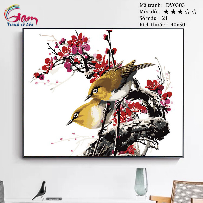 Tranh tô màu theo số đôi chim và hoa đào - Mã DV0383 Tranh sơn dầu số hóa con vật chim chóc