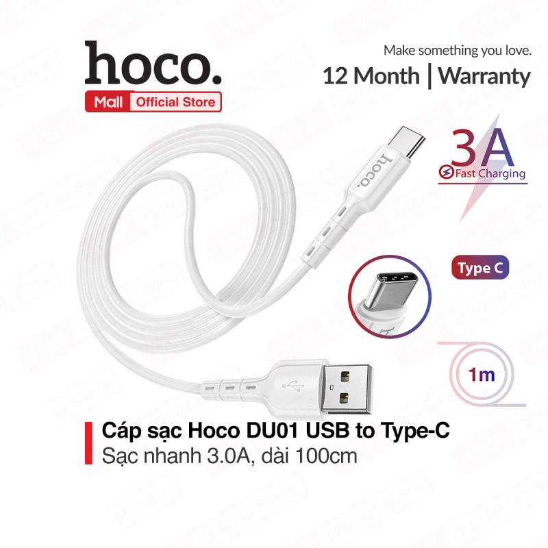 Cáp sạc nhanh và truyền dữ liệu Hoco DU01 USB to Type-C sạc nhanh 3A dây dẻo đầu sạc chống đứt dài 100cm