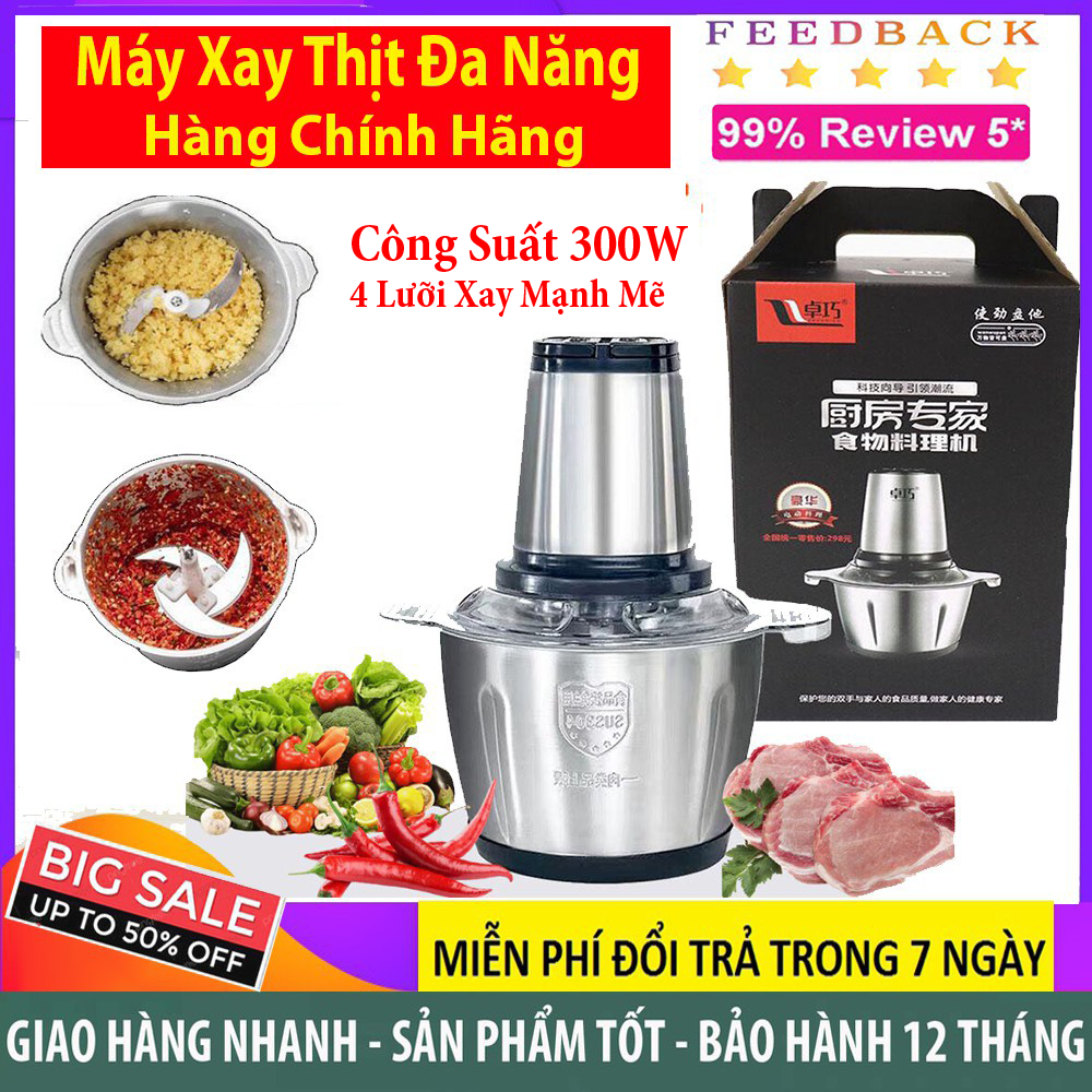 Máy xay thịt cối inox 4 lưỡi đa năng, công suất 250w- xay thịt, xay tỏi ới, xay rau củ quả
