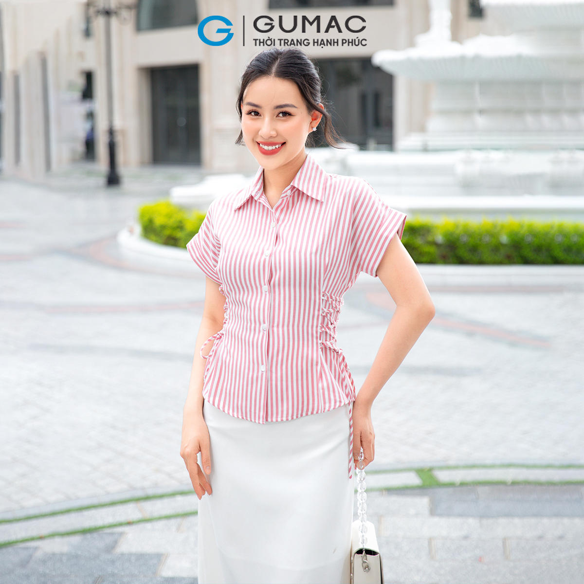 Áo kiểu nữ gumac ad09001 dáng peplum phối thắt dây eo