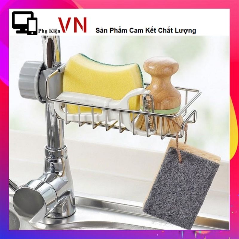 Kệ inox gắn vòi nước đựng đồ đa năng - giỏ đựng để đồ rửa chén bát - khay inox gằn vòi rửa chén tiện dụng