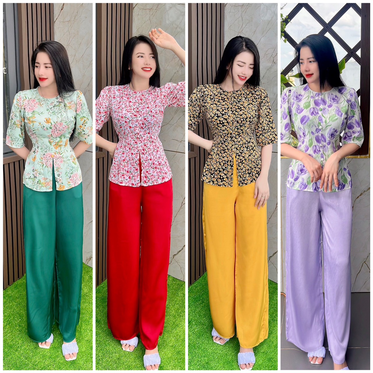 BỘ BÀ BA LỤA HOA NHÍ 3D TAY SUÔN