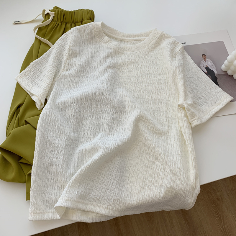 Áo xốp nhăn cổ tròn cộc tay baby tee Áo thun cộc tay nữ form vừa nội y xanh - babdydoll dáng dài