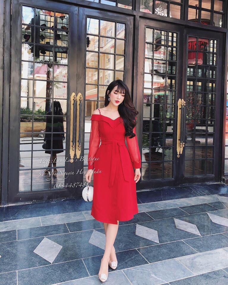 Đầm trễ vai cổ v phối nơ eo cục hót tts0298