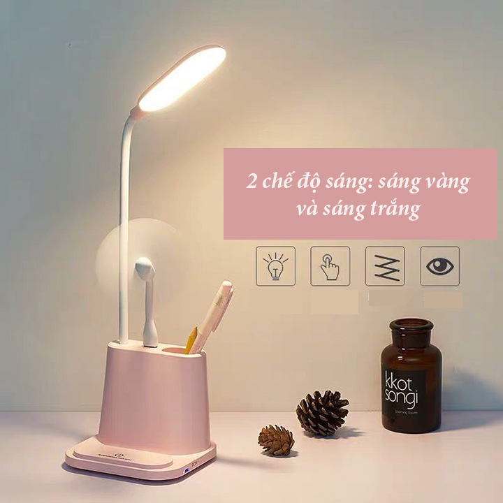 Đèn học để bàn chống cận, đèn học LED xoay 360 độ, kèm quạt có tích điện cổng USB