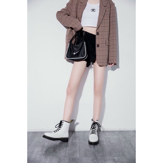 Giày bốt nữ Cổ lửng nhiều dây Cao Cấp - boots nữ đế cao 7cm gót vuông 2 loại da