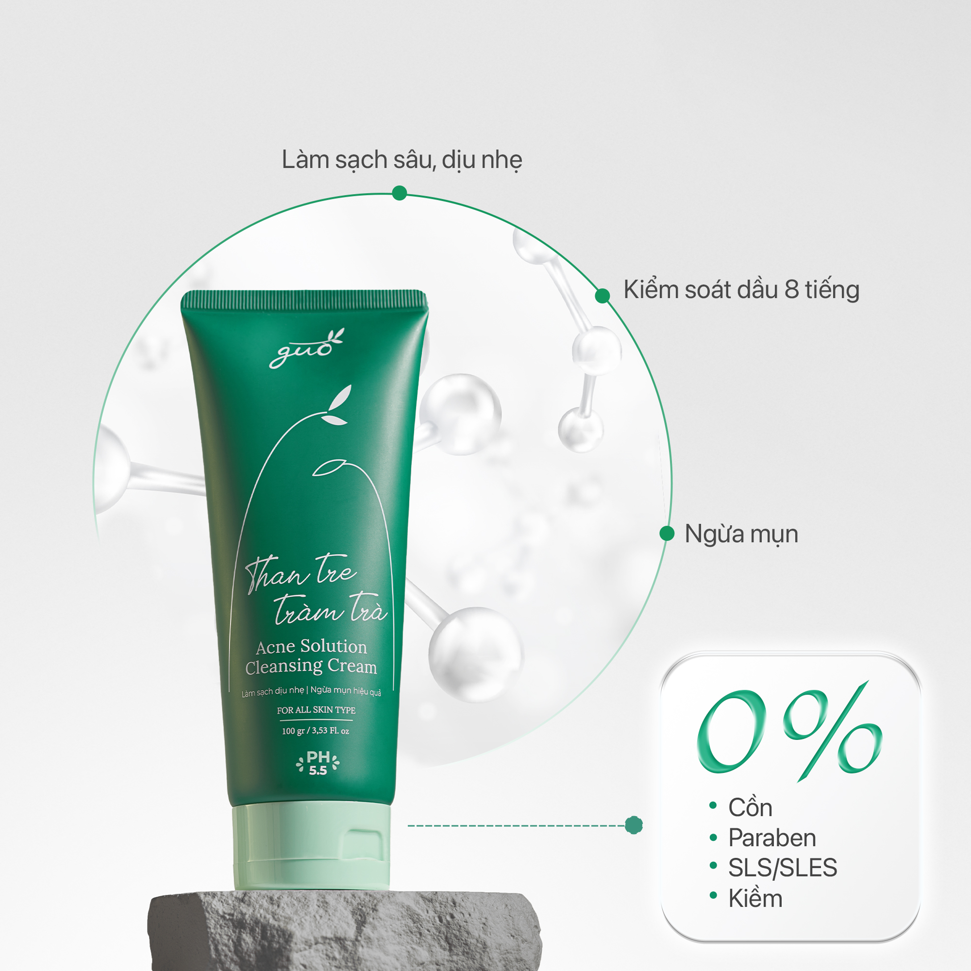 [Kiềm dầu 8 tiếng, ngừa mụn, không khô da] Sữa Rửa Mặt Than Tre Tràm Trà GUO 100gr