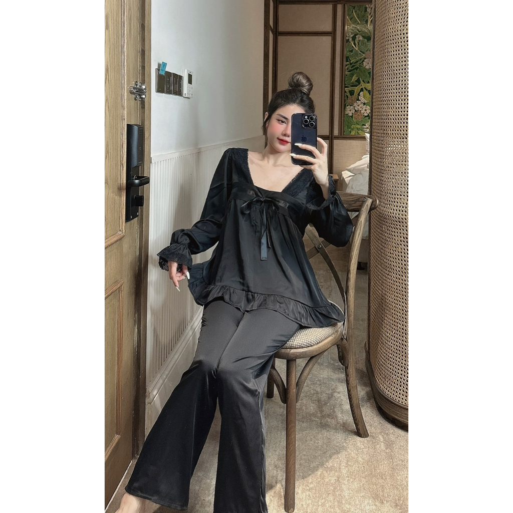 Đồ bộ tiểu thư cổ U nơ lụa latin - Hàng thiết kế
