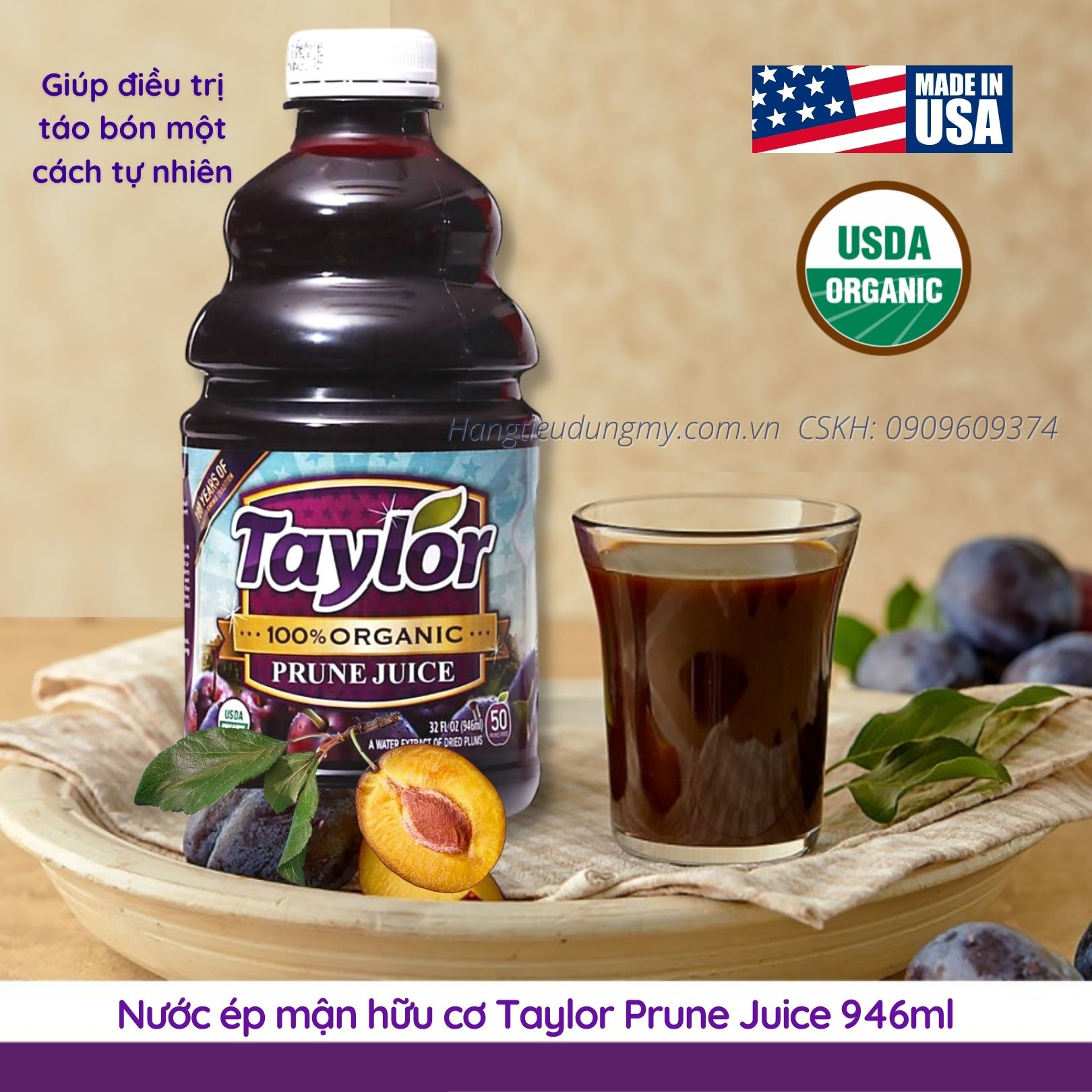 Hàng Mỹ | Nước ép mận hữu cơ nguyên chất Taylor Prune Juice 946ml