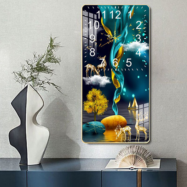 Tranh đồng hồ tráng gương hươu bên đá cuội TDH122