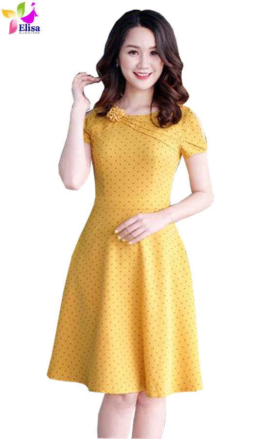 Đầm váy  –  Đầm xoè chấm bi hoa mí cổ DVCC86 cao cấp