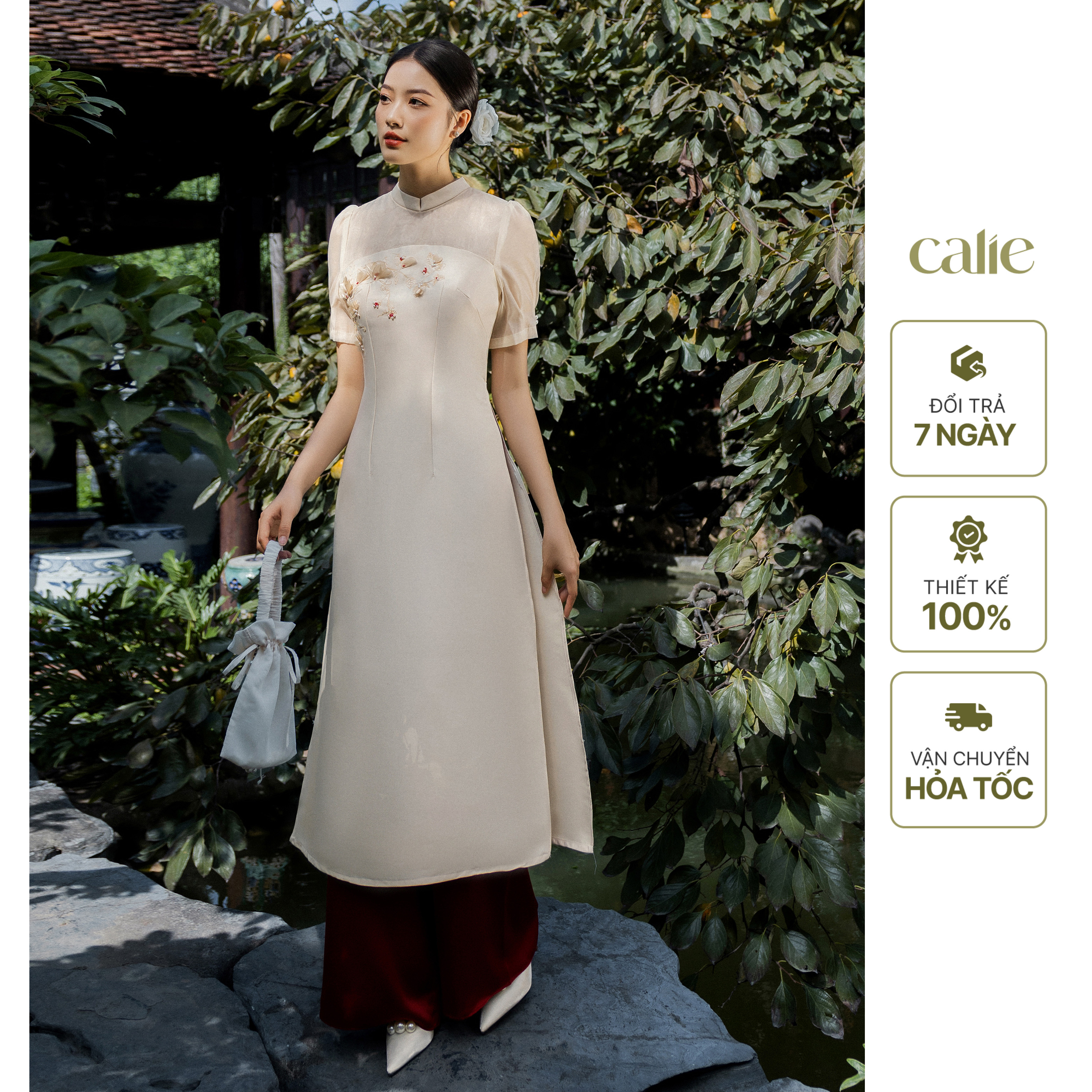 SET Áo dài tafta phối tơ thêu hoa nữ tính thếu đính thủ công Cao Cấp Calie
