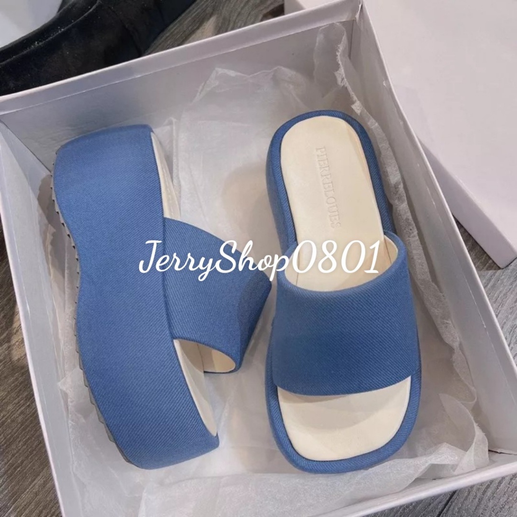 Dép nữ cao 7p độn đế quai ngang màu xanh dương trendy