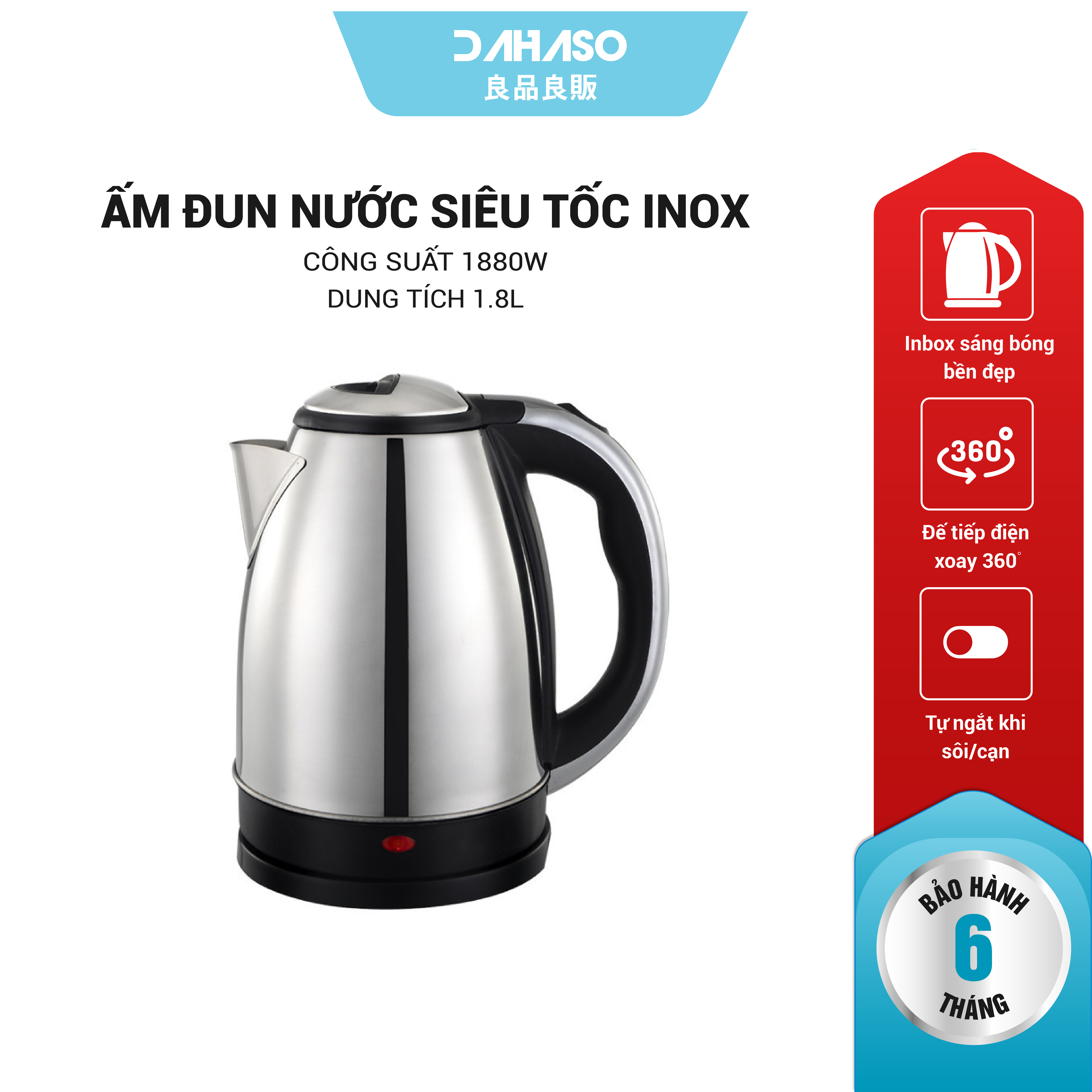 Ấm Đun Nước Siêu Tốc Inox Sáng Bóng Không Gỉ Dung Tích 1.8L Công Suất 1800W