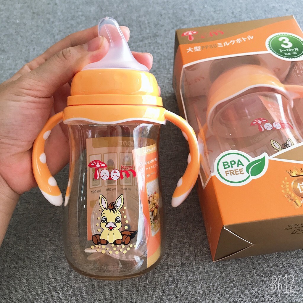 Bình cổ rộng TOOM ( Tặng kèm 01 núm ty + van chống sặc ) có tay cầm 180ml/260ml
