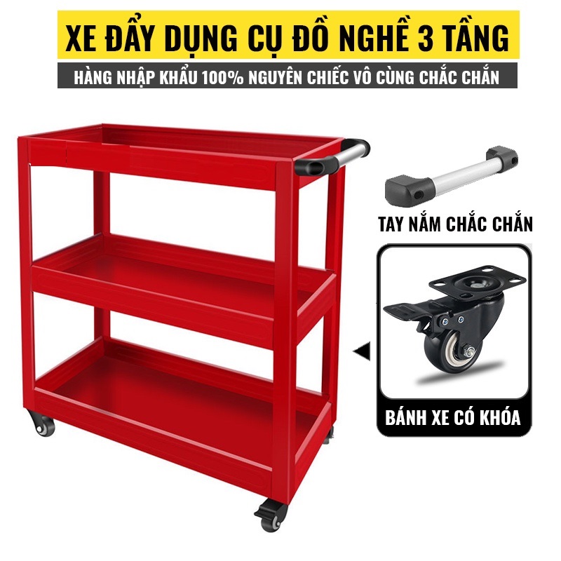 Xe đẩy dụng cụ, đồ nghề 3 tầng có hệ thống bánh xe xoay 360 độ, dễ dàng di chuyển