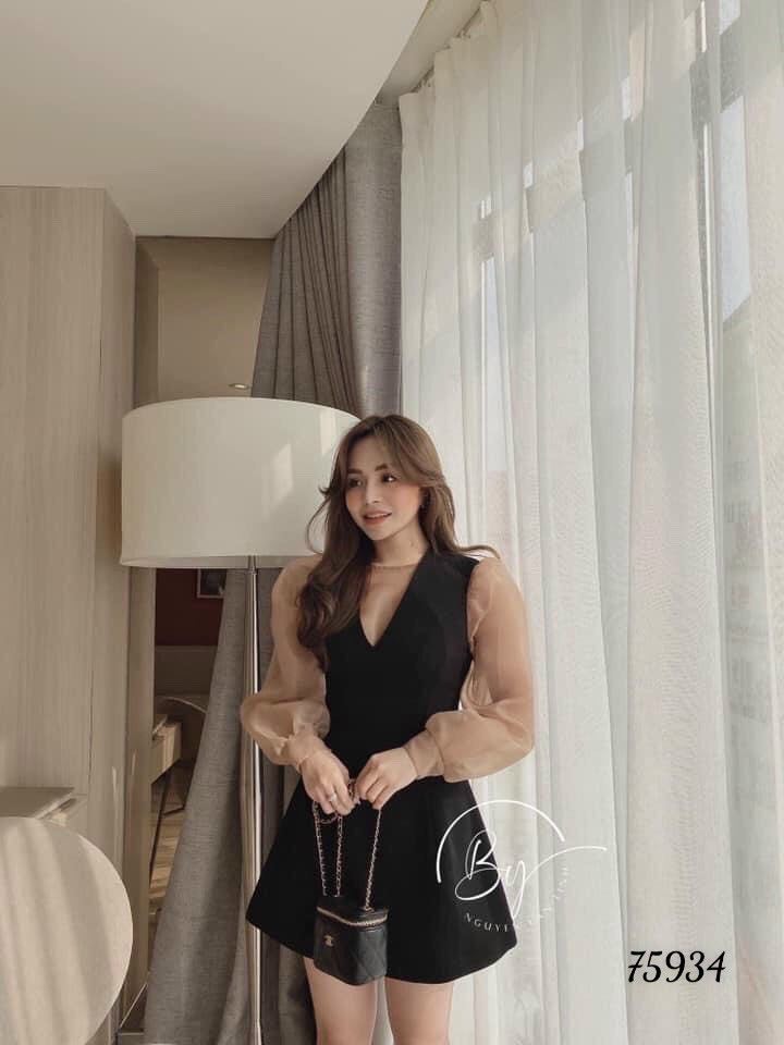Đầm xòe dự tiệc cổ tim dài tay dễ thương