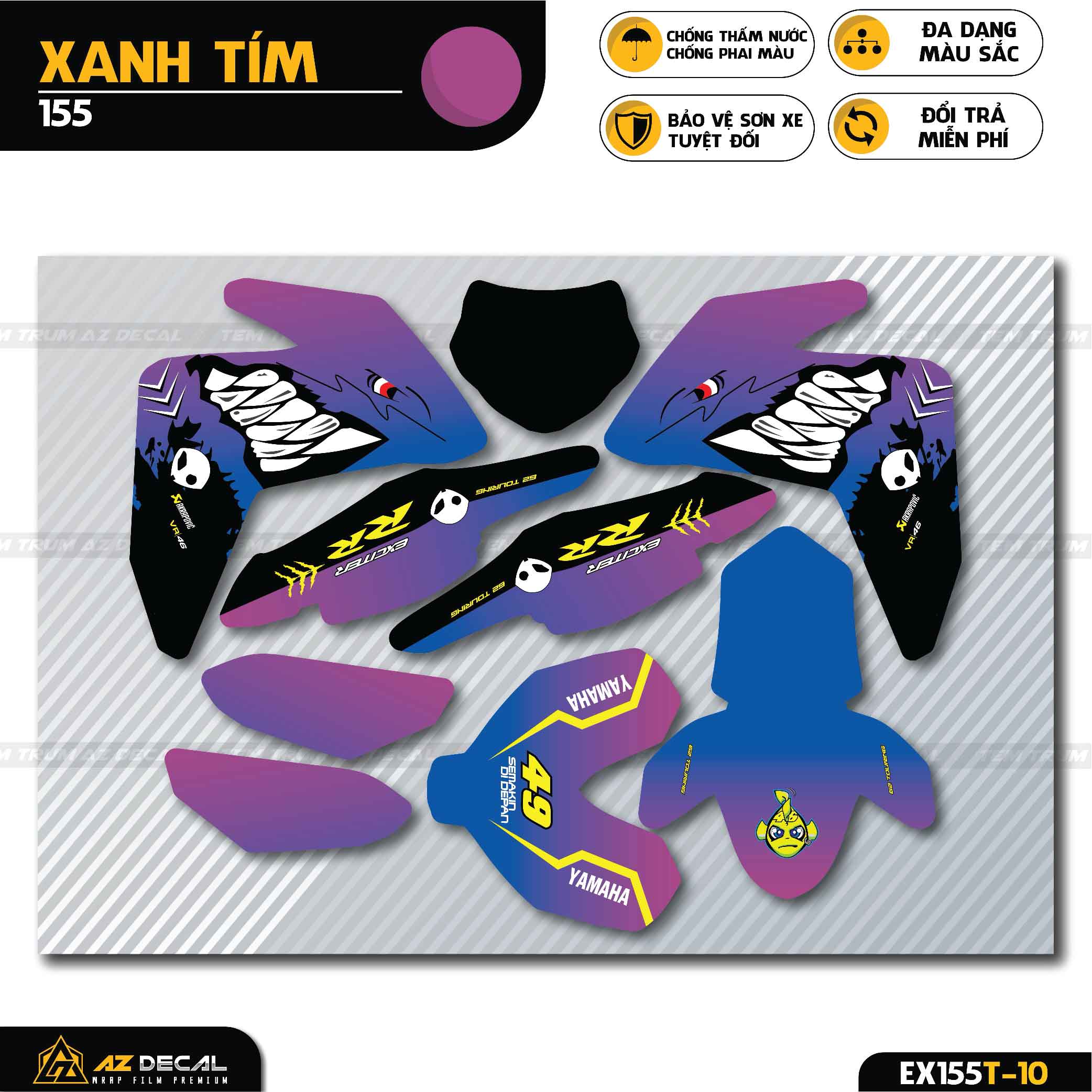 Tem Trùm Exciter 155 Phong Cách Cá Mập | EX155T-10 | Decal Dán Xe Ex 155 VVA Cao Cấp, Chống Phai Màu, Bảo Vệ Sơn