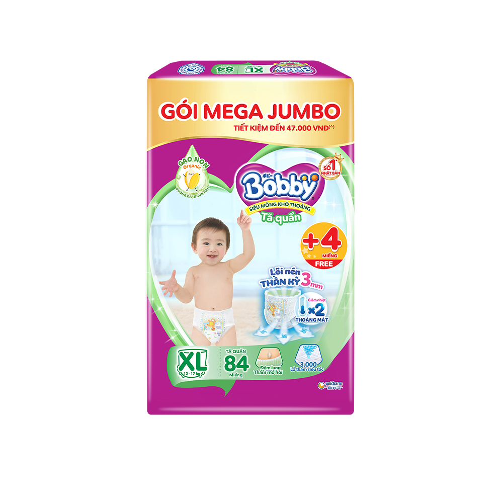 [Tặng thêm 8 miếng] Combo 2 Tã/bỉm quần Bobby 3mm Gạo non XL84