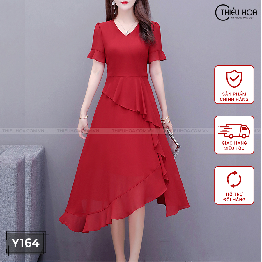 Đầm nữ trung niên chất chiffon 2 lớp xếp ly sang trong y164 thời trang thiều hoa