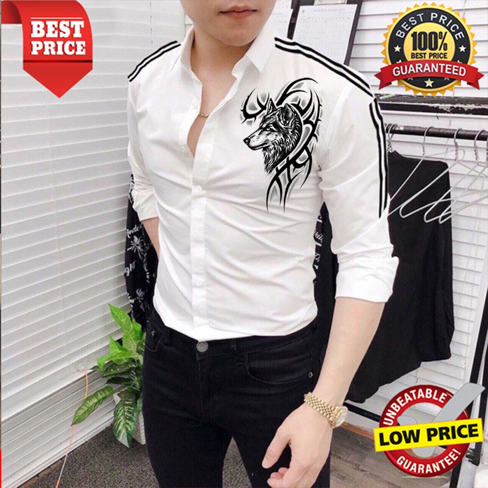 Áo sơ mi nam phối viền họa tiết sói cao cấp sm195