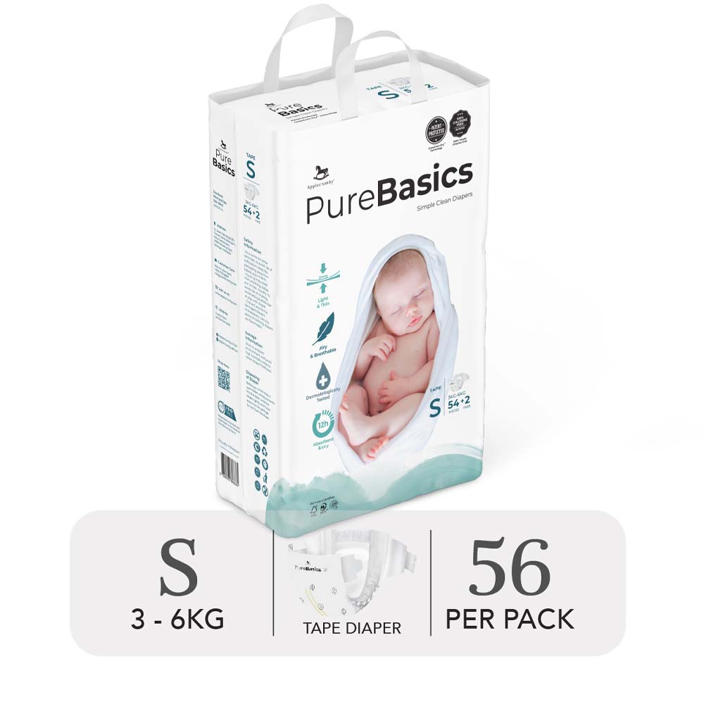 Bỉm tã quần tã dán cho bé NGÀY VÀ ĐÊM Applecrumby Purebasics Diapers tã siêu thấm hút - BabyUS