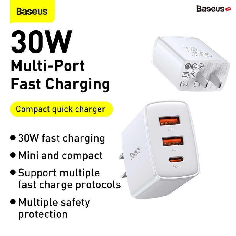 Củ sạc nhanh Baseus 30W PD USB Type C cho iPhone 12 Pro Max 11 Mini 8 Plus
