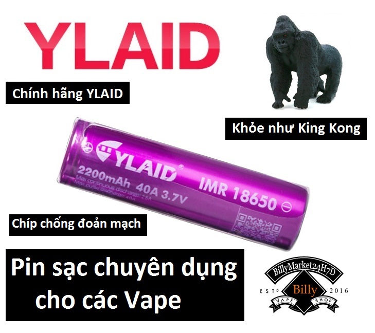 Pin sạc nhiều lần Ylaid Godzila IMR 18650, hàng chuẩn hãng Auth - Pin Lithium - ion độ nhạy 40A / 2200Mah 3.7V (Tím) - Pin Chất Lượng Cao Có Chip Chống Đoản Mạch (1 viên)