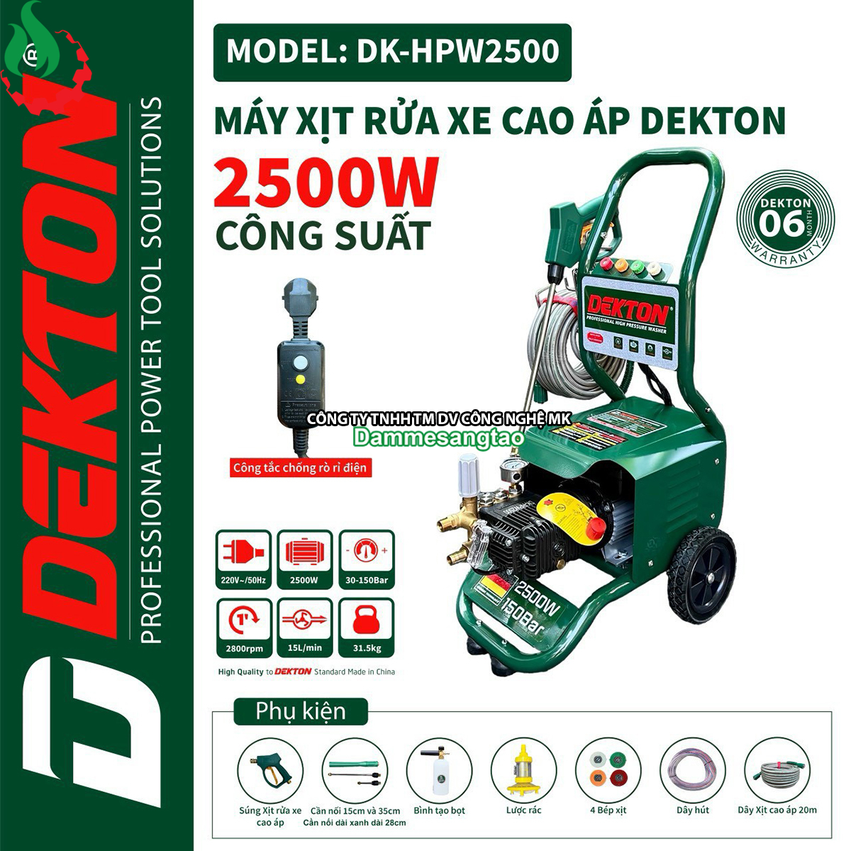 Máy rửa xe chỉnh áp dekton dk-hpw2500 điện 220v