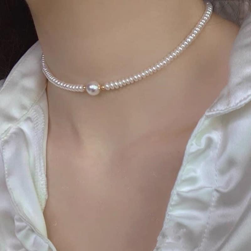Vòng cổ chocker ngọc trai thật nước ngọt míc bi bạc kiểu thanh lịch trẻ trung ( đặt theo độ rộng khách yêu cầu)