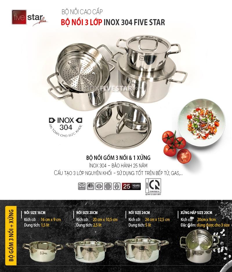 BỘ 4 FIVESTAR INOX 304 CÓ XỬNG HẤP