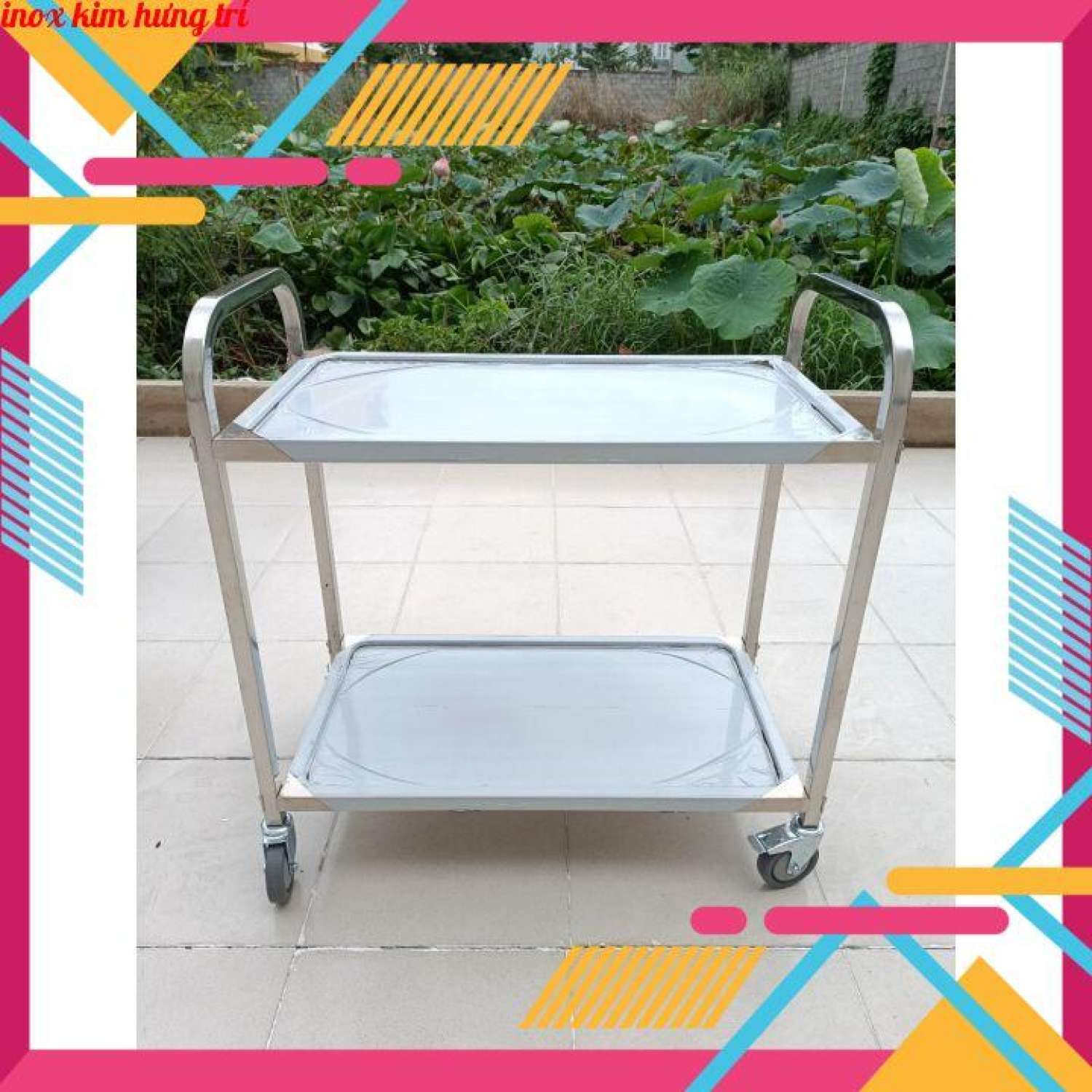 Xe đẩy thức ăn inox 2 tầng dùng để di chuyển thức ăn ra bàn ăn, loại xe đẩy lắp ráp