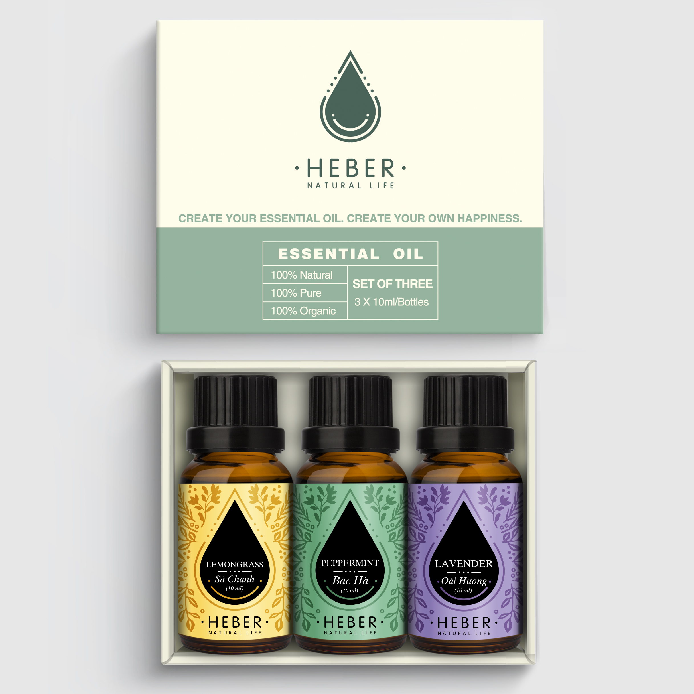 Set 3 Tinh Dầu Heber Natural Life Bán Chạy , Sả Chanh - Bạc Hà - Oải Hương, 100% Thiên Nhiên Nguyên Chất Xông Thơm Phòng