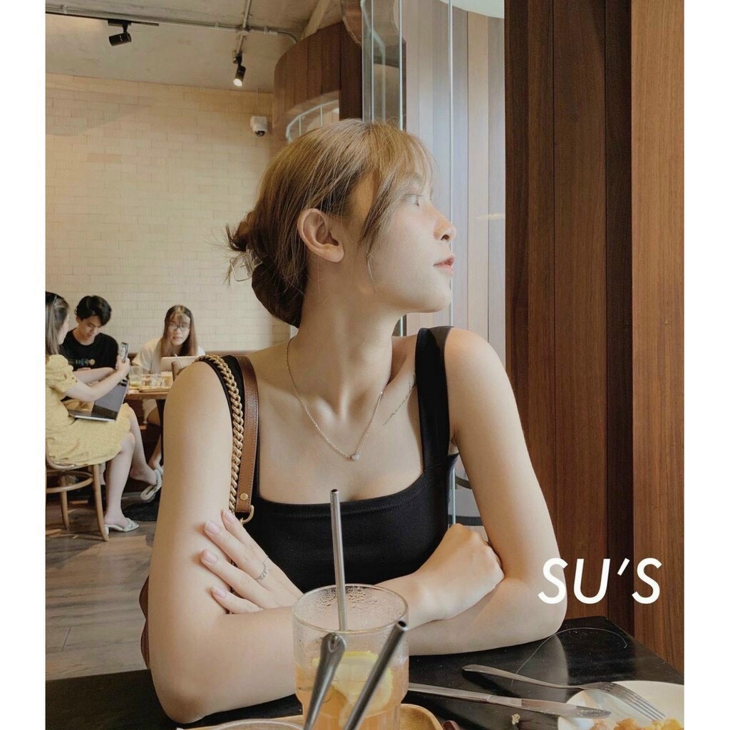 Áo 2 dây bản to nữ cổ vuông dáng croptop trơn phong cách