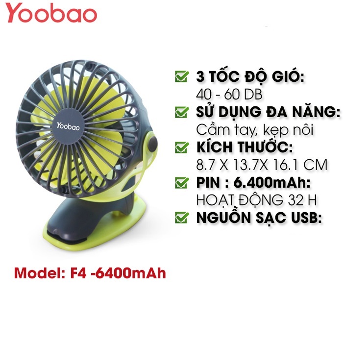 Yoobao Clip on Stroller Fan Battery Operated Portable Fan 32 Hours 6400mAh